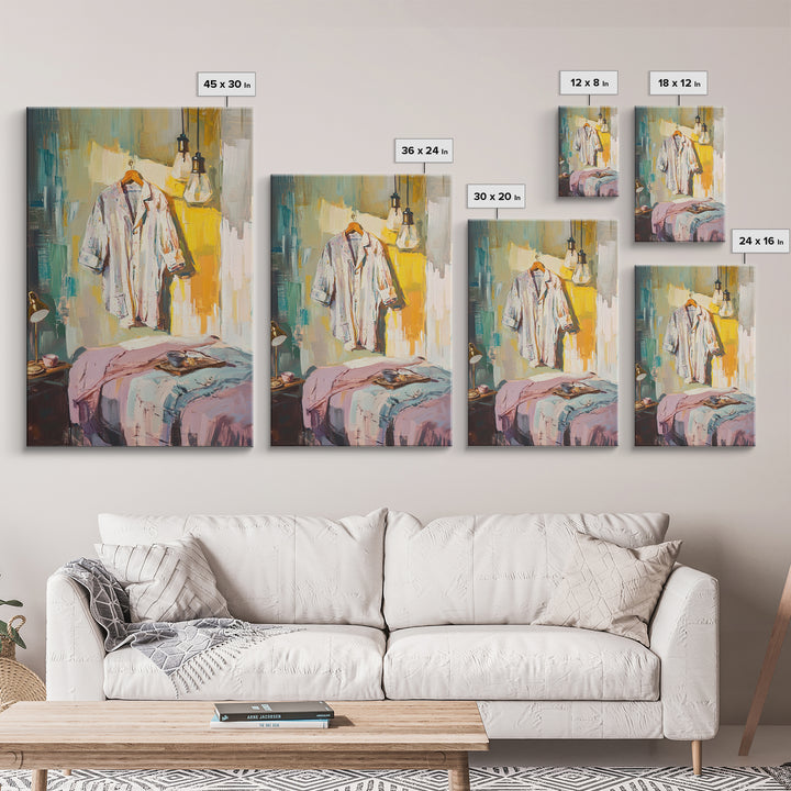 Cozy Bedroom With Hanging Shirt Canvas Print, Warm Guest Room Wall Art, Airbnb Wall Decor And Modern Farmhouse Decor Gift