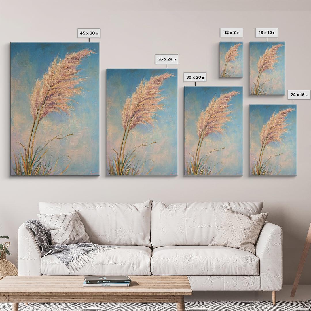 Pink Pampas Grass Against Blue Sky Framed Canvas Print, Coastal Botanical Wall Art For Boho Bedroom Decor And Nature Gift