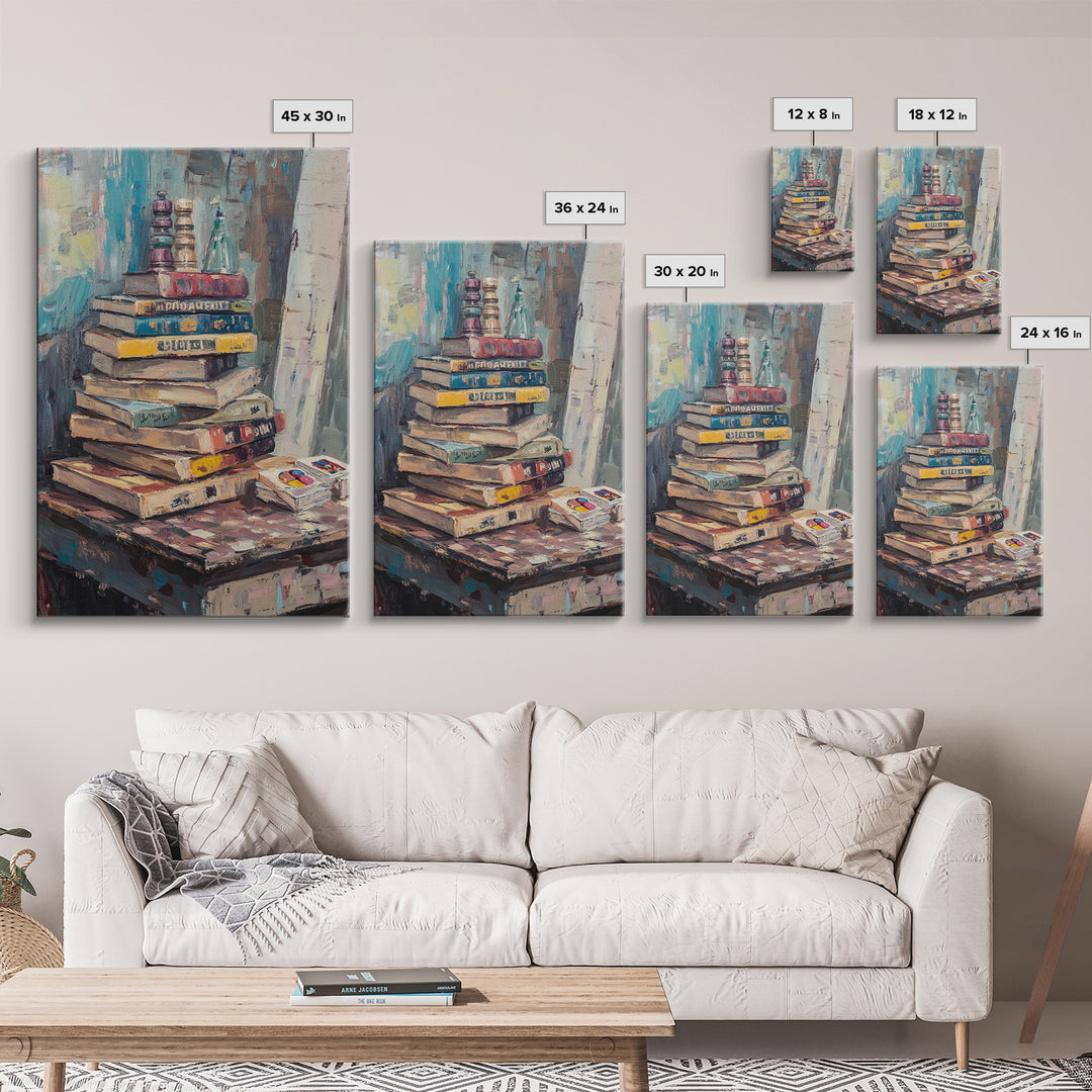 Stack Of Weathered Books Canvas Print, Cozy Library Wall Art For Reading Nook Decor, Book Lover Gift And Office Decor Print