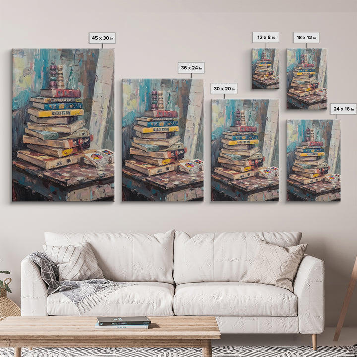 Stack Of Weathered Books Canvas Print, Cozy Library Wall Art For Reading Nook Decor, Book Lover Gift And Office Decor Print