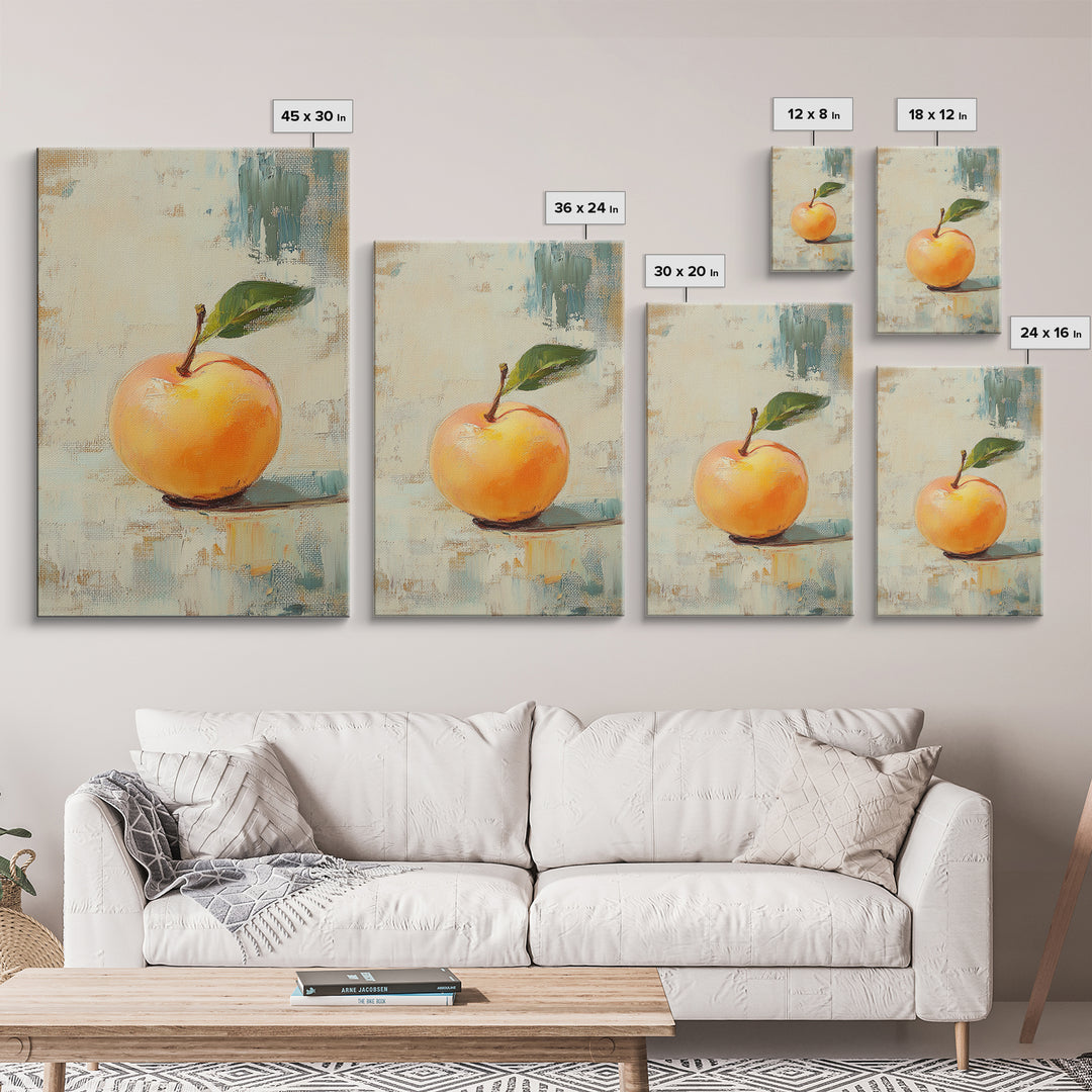Golden Apple With Green Leaf Canvas Print, Minimal Fruit Still Life Wall Art For Kitchen Decor And Modern Farmhouse Wall Decor