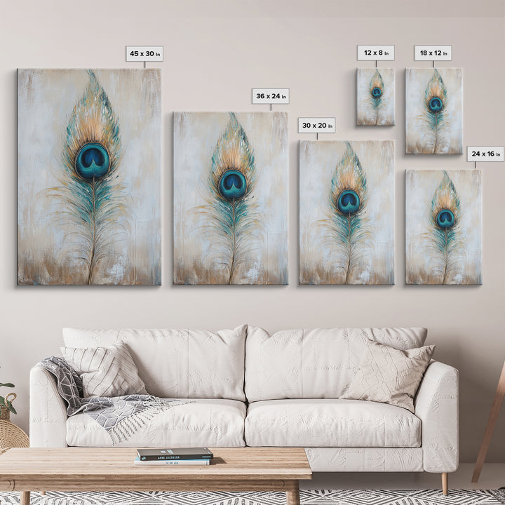 Blue Peacock Feather Wall Art, Boho Bird Feather Canvas Wall Decor, Teal Gold Nature Print, Neutral Living Room Decor, Home Decor