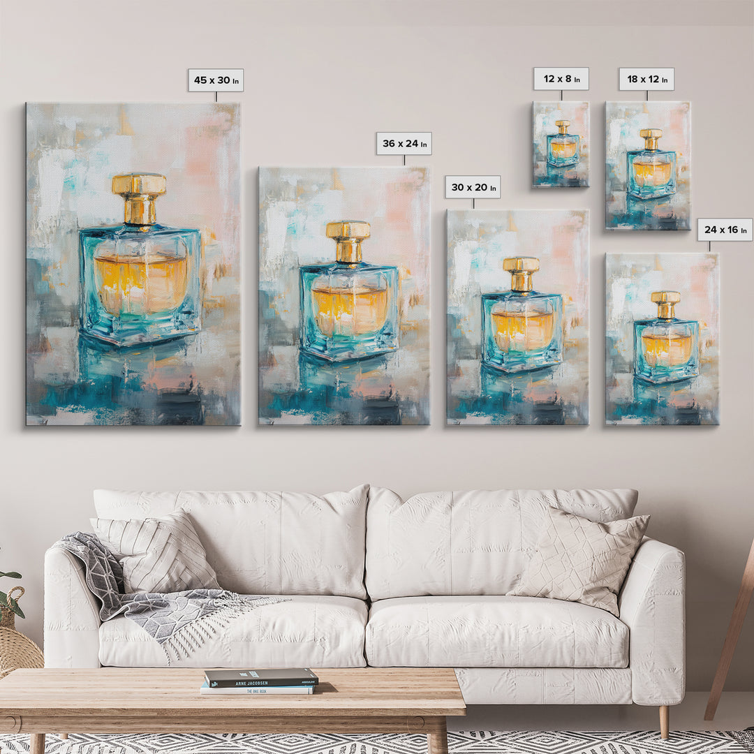 Turquoise Glass Perfume Bottle Wall Art, Chic Vanity Decor, Feminine Bathroom Art Print, Modern Glam Gift For Her, Home Decor