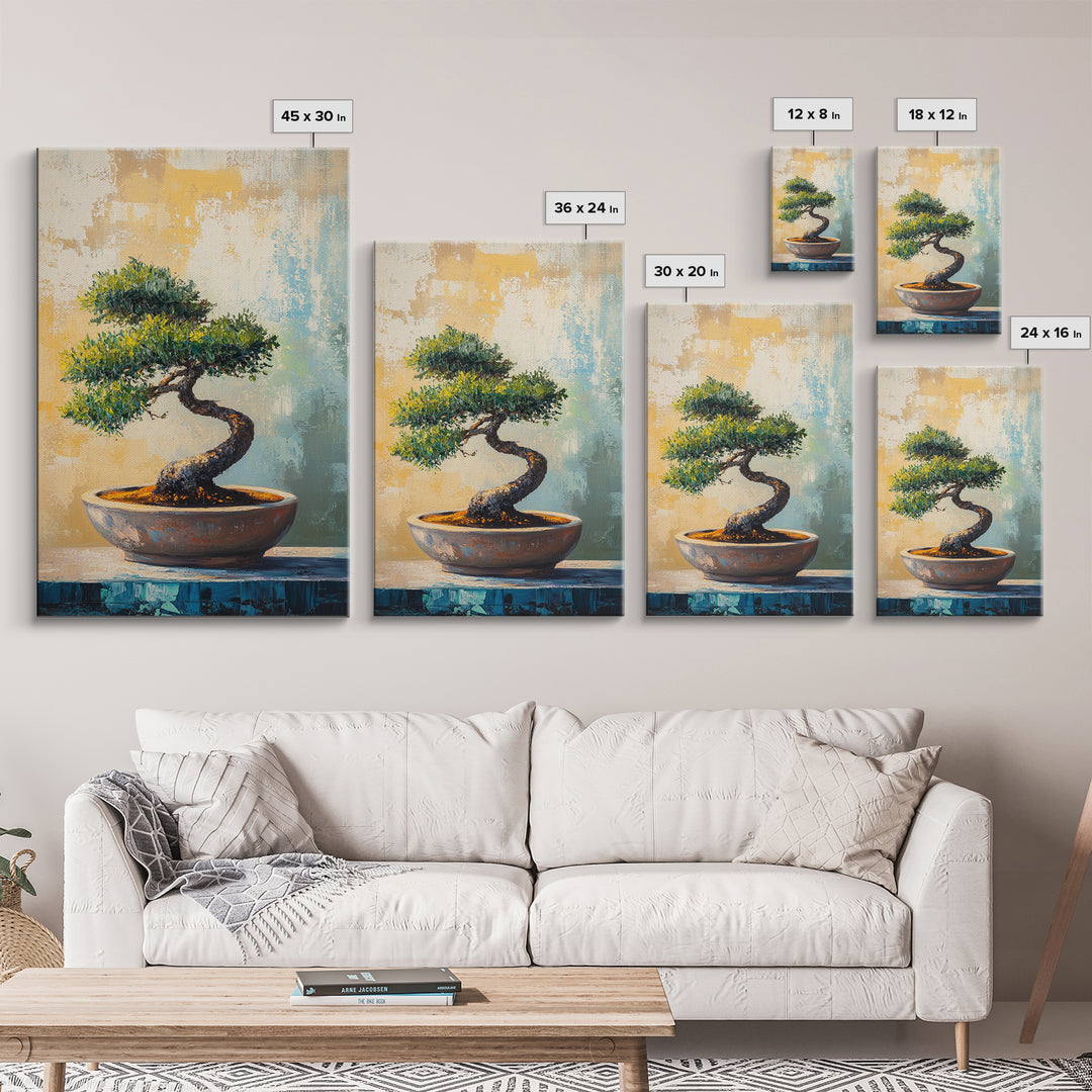 Twisted Bonsai Tree In Bowl Framed Canvas Print, Zen Wall Art, Japandi Home Decor, Mindfulness Office Decor Gift For Meditation Room