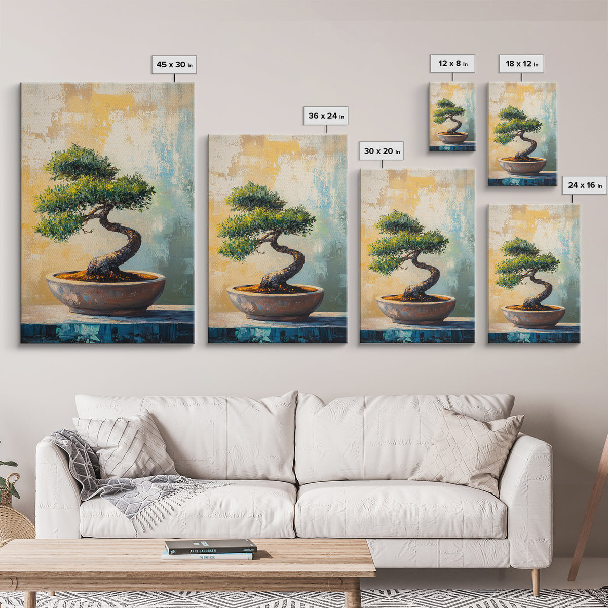 Twisted Bonsai Tree In Bowl Framed Canvas Print, Zen Wall Art, Japandi Home Decor, Mindfulness Office Decor Gift For Meditation Room