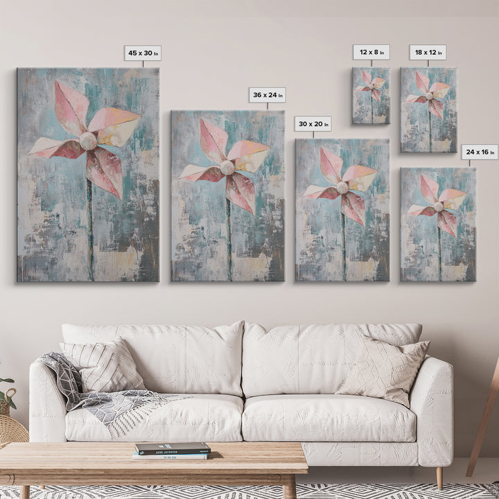 Pink Paper Pinwheel Minimalist Canvas Print, Whimsical Nursery Wall Art, Soft Pastel Playroom Decor Gift For Kids Room Home Decor