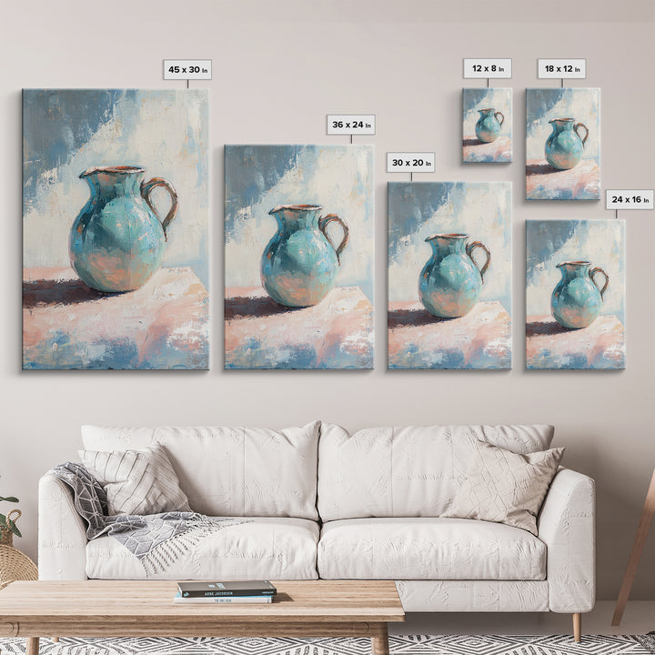 Turquoise Ceramic Pitcher Canvas Print, Rustic Kitchen Wall Art, Coastal Home Decor, Still Life Painting, Gift For Her, Fine Art