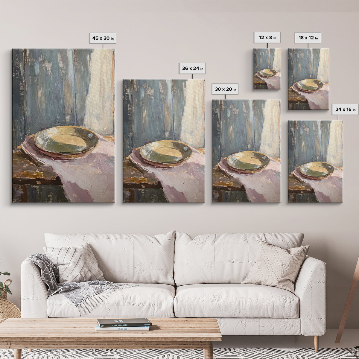 Shallow Ceramic Bowl On Linen Framed Canvas Print, Minimalist Kitchen Wall Art, Neutral Home Decor, Moody Still Life Painting