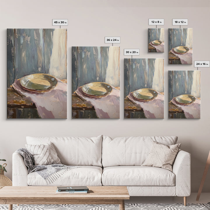 Shallow Ceramic Bowl On Linen Framed Canvas Print, Minimalist Kitchen Wall Art, Neutral Home Decor, Moody Still Life Painting