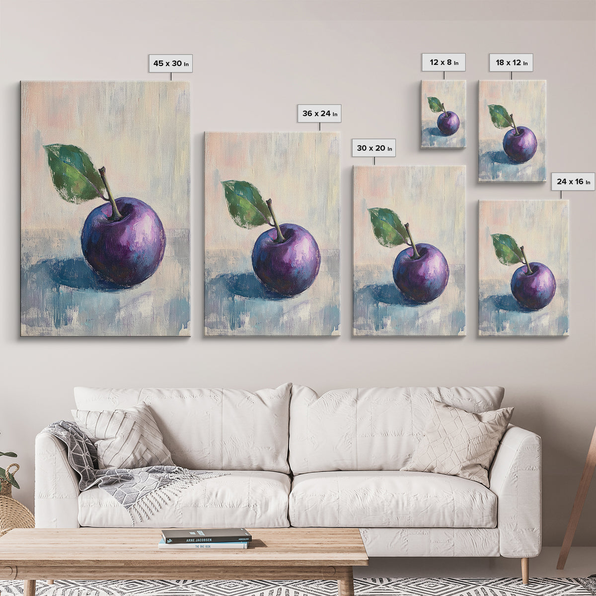 Purple Plum With Green Leaf Canvas Print, Still Life Fruit Art For Kitchen Wall Art, Rustic Farmhouse Home Decor Gift For Her