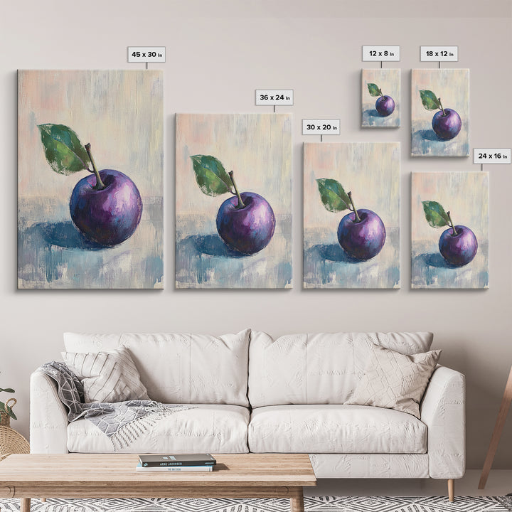 Purple Plum With Green Leaf Canvas Print, Still Life Fruit Art For Kitchen Wall Art, Rustic Farmhouse Home Decor Gift For Her
