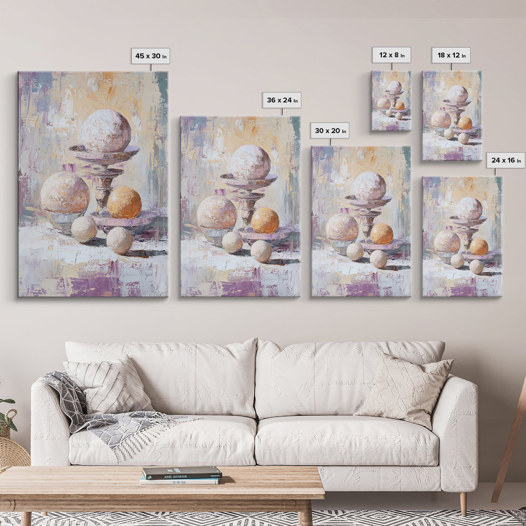 Textured White And Orange Spheres Canvas Print, Abstract Still Life Wall Art, Modern Neutral Decor For Living Room Gift For Her