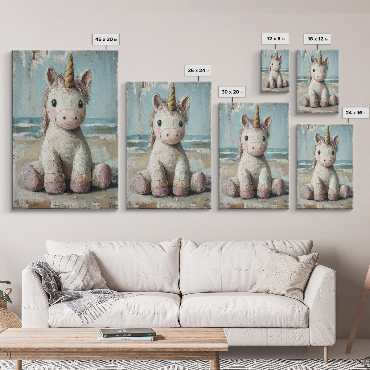 Cute Sitting Unicorn Nursery Wall Art, Whimsical Animal Canvas Print, Girls Room Decor, Magical Baby Shower Gift For Her