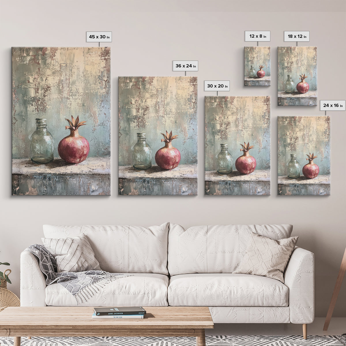 Pomegranate And Glass Bottle Still Life Wall Art, Rustic Fruit Canvas Print, Neutral Kitchen Decor, Housewarming Gift For Her