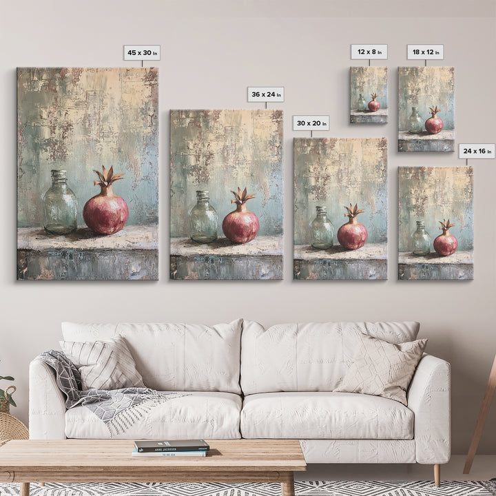 Pomegranate And Glass Bottle Still Life Wall Art, Rustic Fruit Canvas Print, Neutral Kitchen Decor, Housewarming Gift For Her