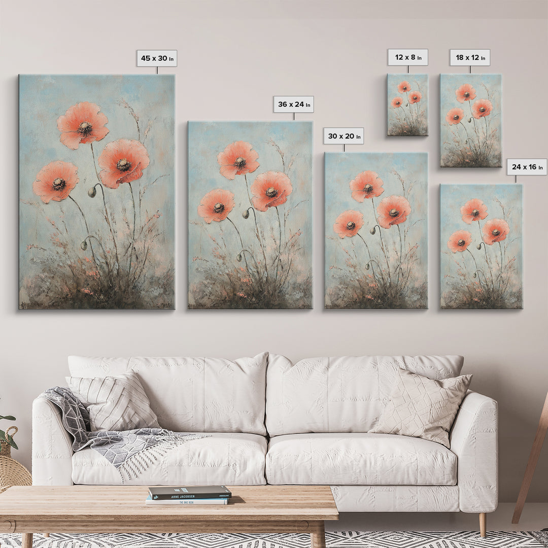 Coral Poppy Flowers On Blue Background Wall Art, Botanical Canvas Print, Floral Wall Decor For Bedroom Home Decor Gift For Her