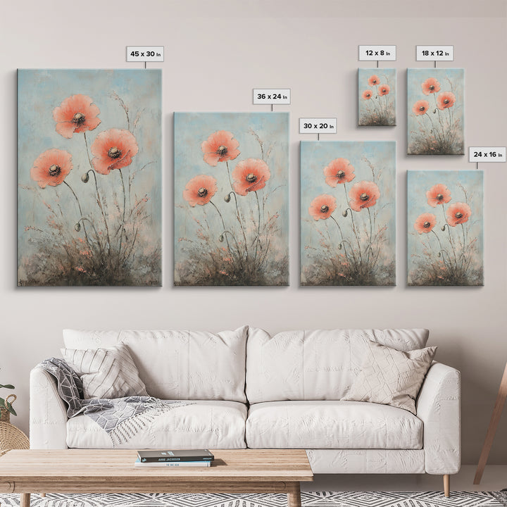 Coral Poppy Flowers On Blue Background Wall Art, Botanical Canvas Print, Floral Wall Decor For Bedroom Home Decor Gift For Her