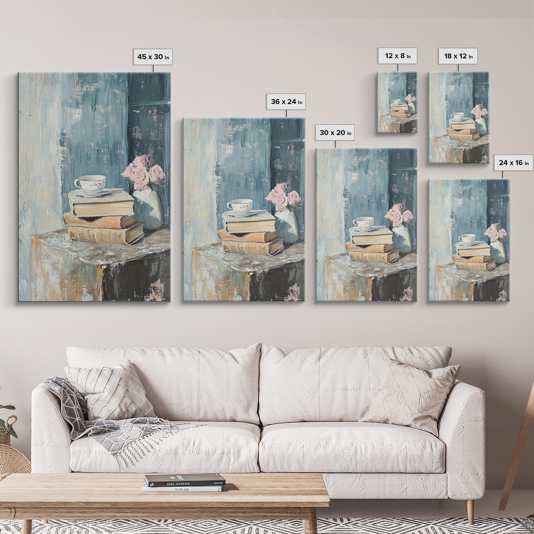 Stacked Books With Teacup And Pink Flowers Canvas Print, Cozy Reading Nook Wall Art, Library Home Decor Gift For Her