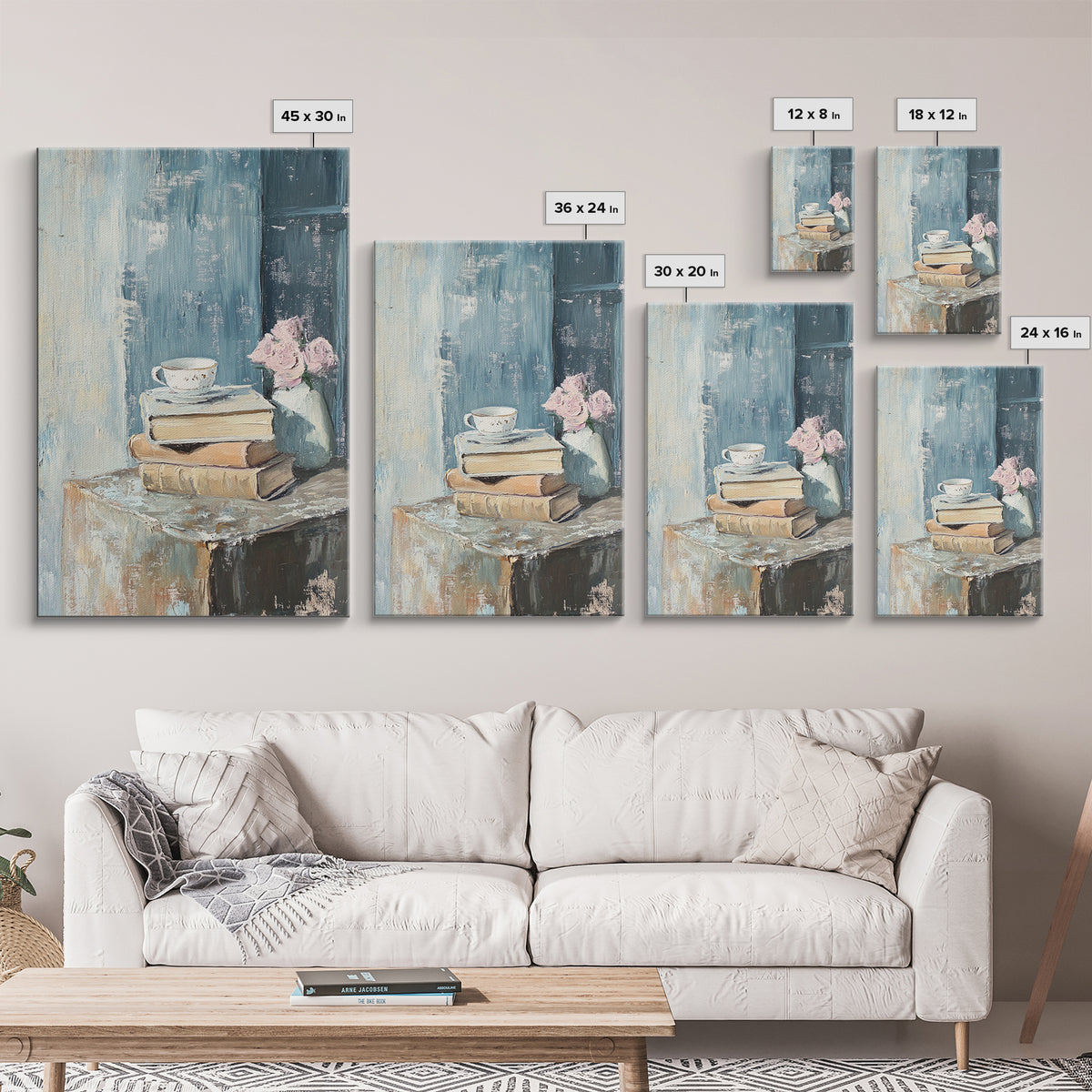 Stacked Books With Teacup And Pink Flowers Canvas Print, Cozy Reading Nook Wall Art, Library Home Decor Gift For Her