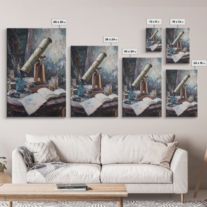 Antique Telescope Books And Open Journal Wall Art, Dark Academia Canvas Print, Astronomy Library Office Decor Gift For Him