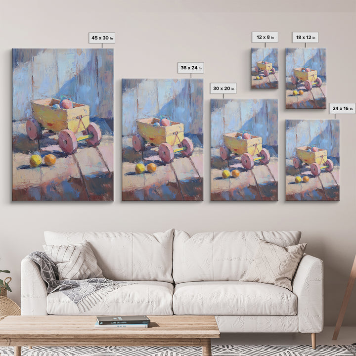 Yellow Toy Wagon With Fruit Still Life Canvas Print, Colorful Whimsical Wall Art, Kids Room Decor, Playroom Nursery Art Gift