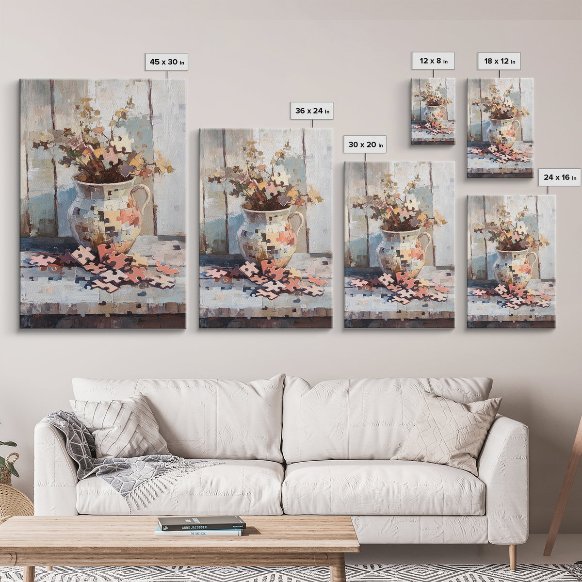 Puzzle Piece Bouquet In Ceramic Pitcher Canvas Print, Whimsical Wall Art, Unique Home Decor, Gallery Wall Art Gift For Her