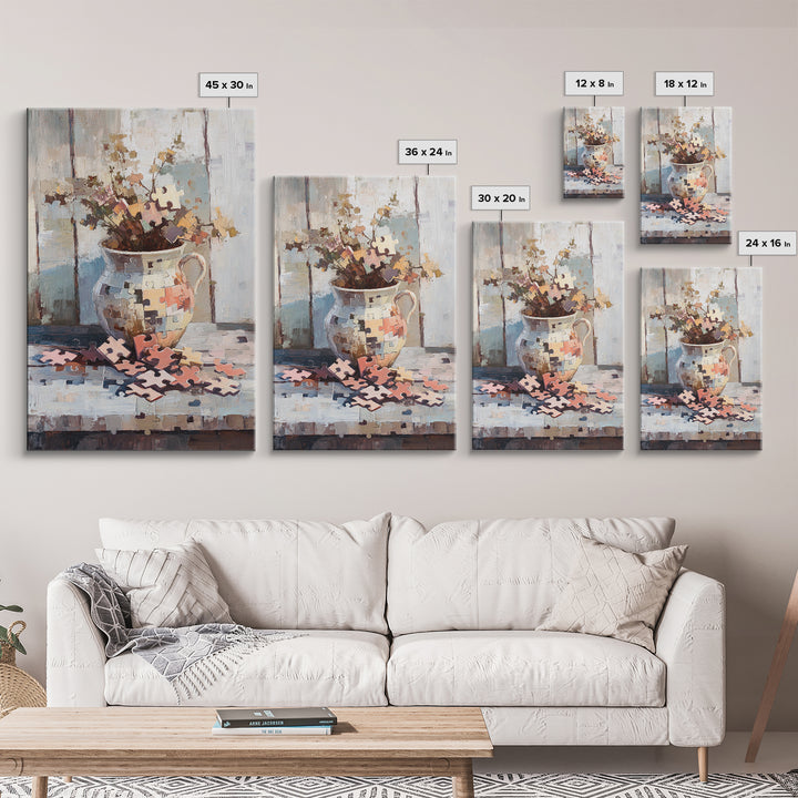 Puzzle Piece Bouquet In Ceramic Pitcher Canvas Print, Whimsical Wall Art, Unique Home Decor, Gallery Wall Art Gift For Her