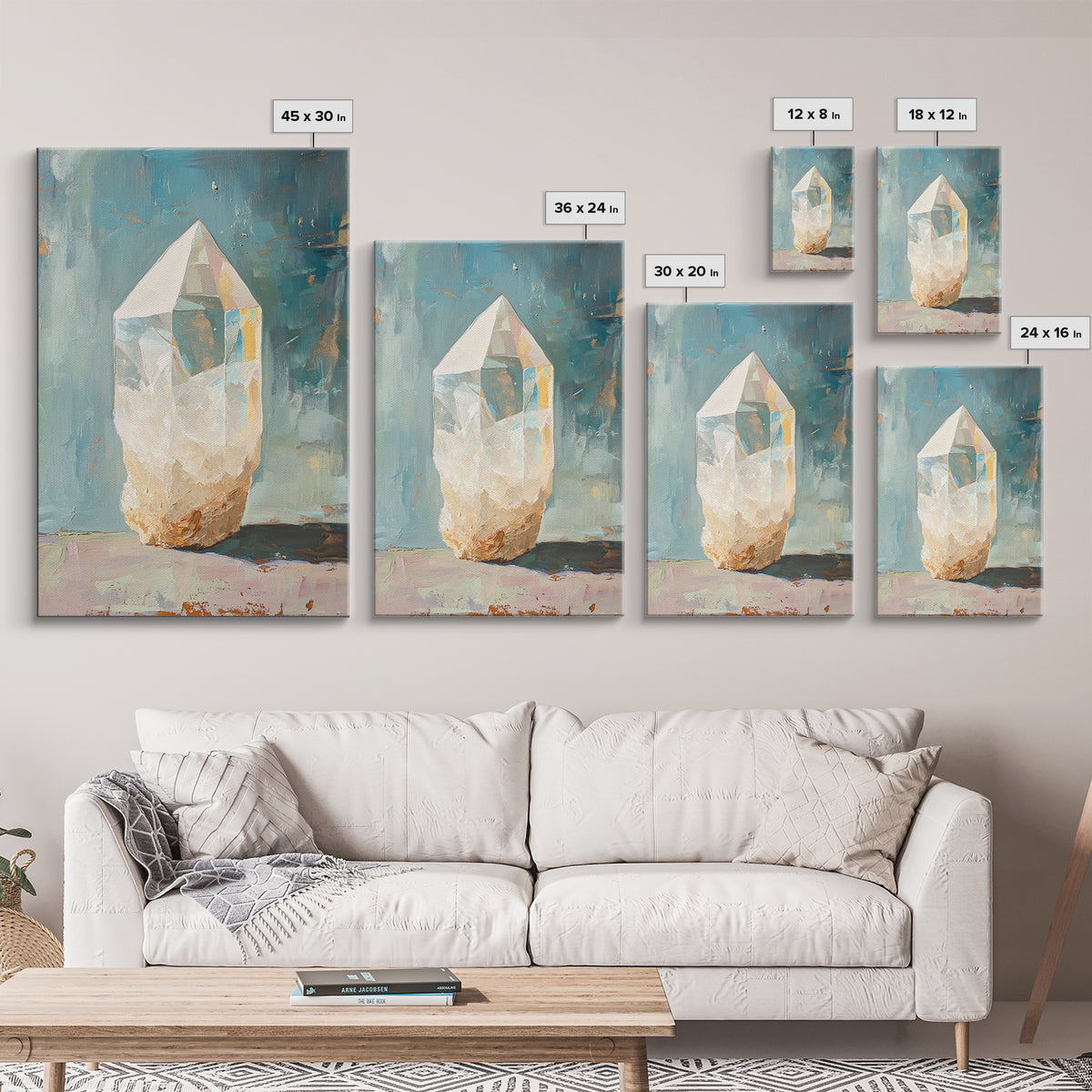 Glowing Crystal Quartz Still Life Wall Art, Spiritual Gemstone Canvas Print, Boho Home Decor, Mystical Gift For Her, Living Room Decor