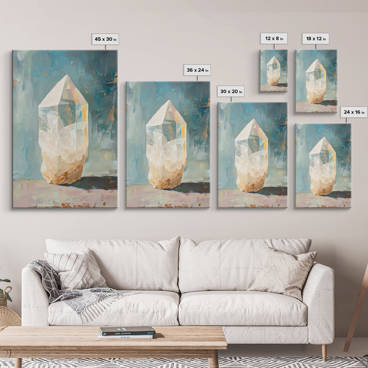 Glowing Crystal Quartz Still Life Wall Art, Spiritual Gemstone Canvas Print, Boho Home Decor, Mystical Gift For Her, Living Room Decor
