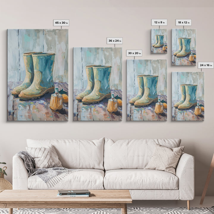 Blue Rain Boots And Small Jug Wall Art, Rustic Farmhouse Canvas Print, Country Home Decor, Mudroom Entryway Decor Gift For Her