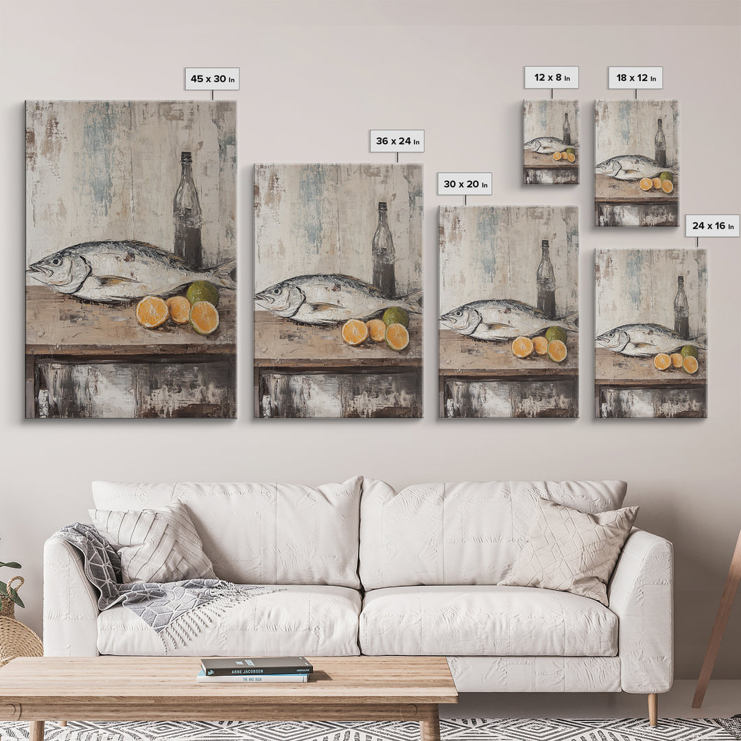 Fresh Fish With Citrus And Bottle Wall Art, Coastal Kitchen Canvas Print, Seafood Still Life, Rustic Dining Room Decor, Gift