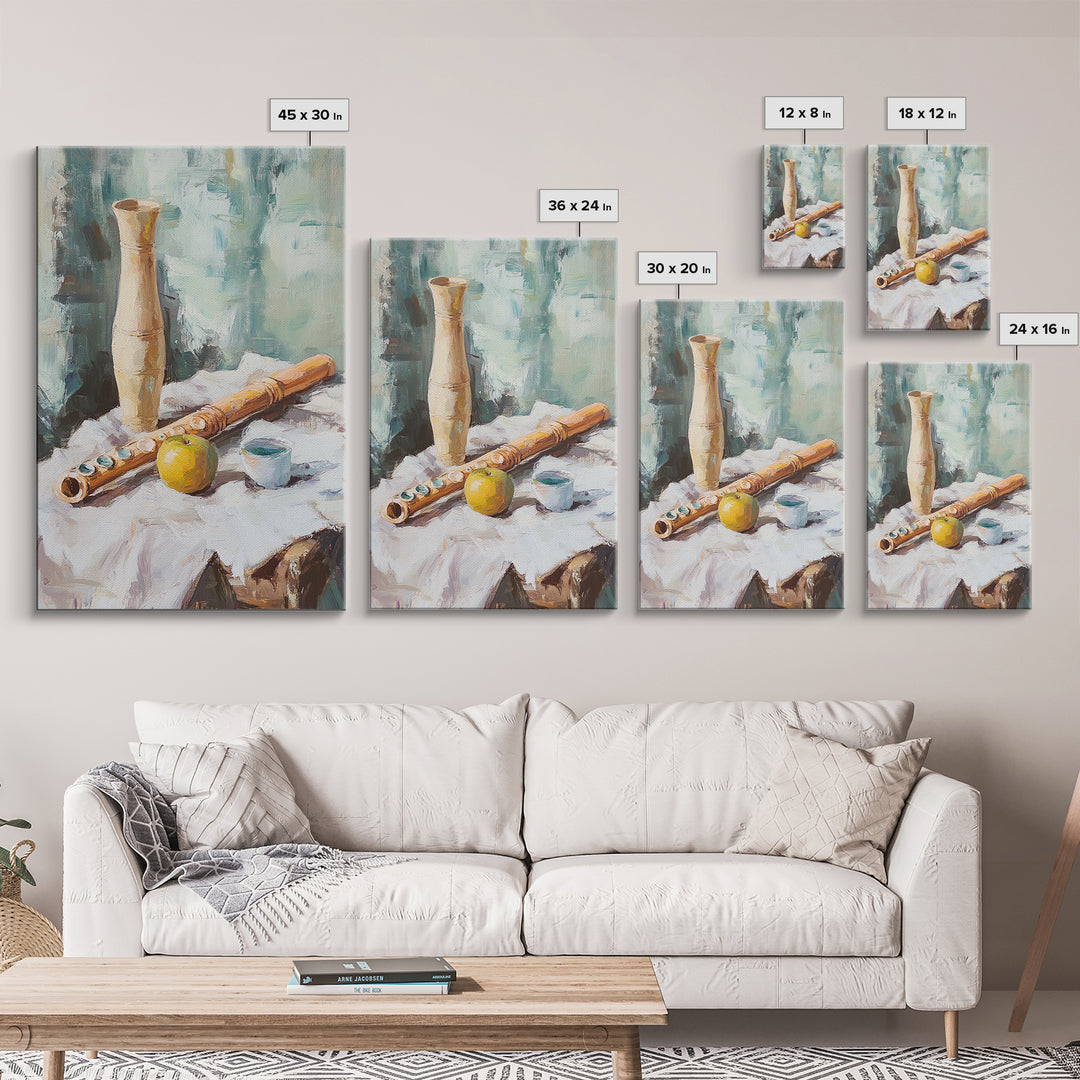 Wooden Flute Vase And Lemon Still Life Wall Art, Music Room Canvas Print, Boho Kitchen Decor, Rustic Instrument Art Gift