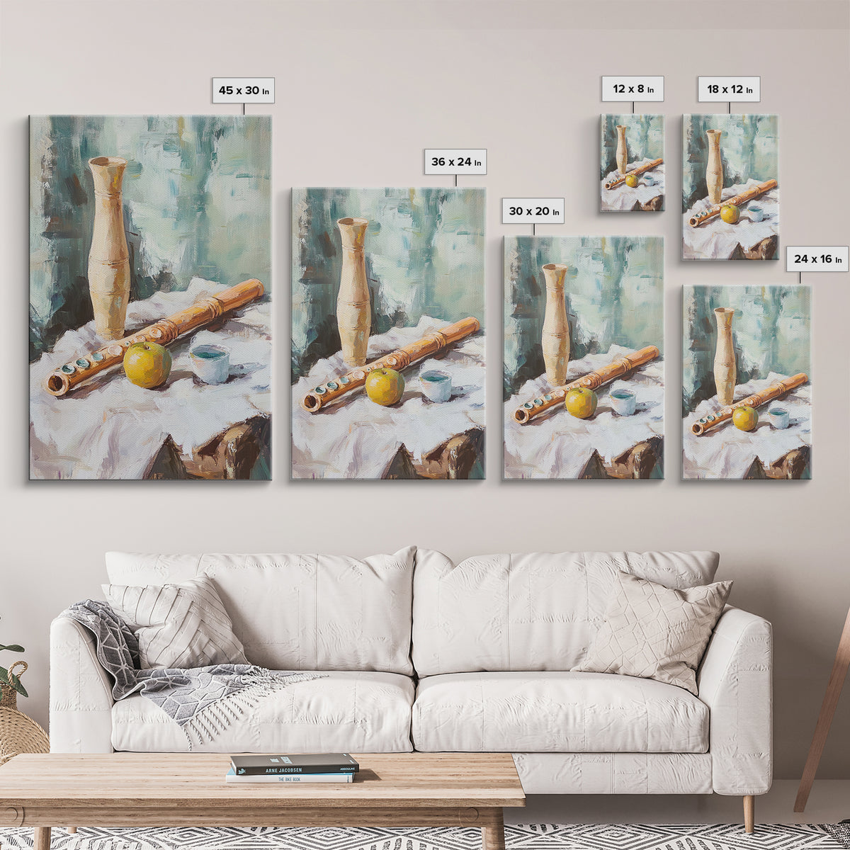 Wooden Flute Vase And Lemon Still Life Wall Art, Music Room Canvas Print, Boho Kitchen Decor, Rustic Instrument Art Gift