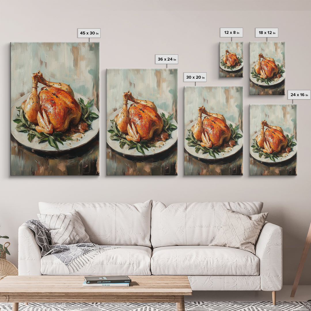 Roast Chicken With Herbs On Platter Wall Art, Rustic Kitchen Canvas Print, Farmhouse Dining Room Decor, Foodie Gift For Chef