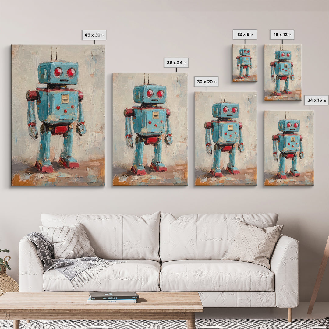 Whimsical Blue Toy Robot Oil Painting, Canvas Print For Kids Room Decor, Robot Wall Art, Sci Fi Nursery Art Gift, Modern Home Decor
