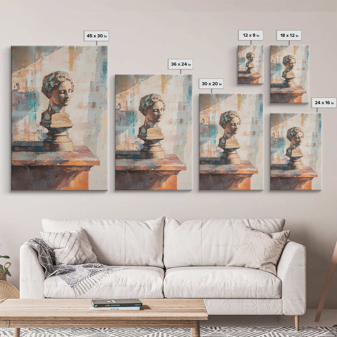 Classical Bust Sculpture On Wooden Shelf Painting, Canvas Print For Dark Academia Wall Art, Office Decor, Art History Gift