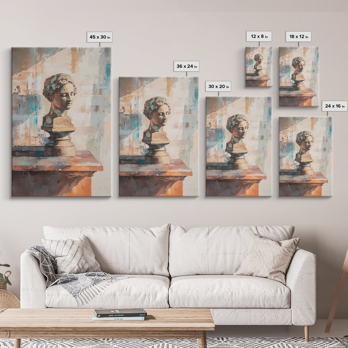 Classical Bust Sculpture On Wooden Shelf Painting, Canvas Print For Dark Academia Wall Art, Office Decor, Art History Gift