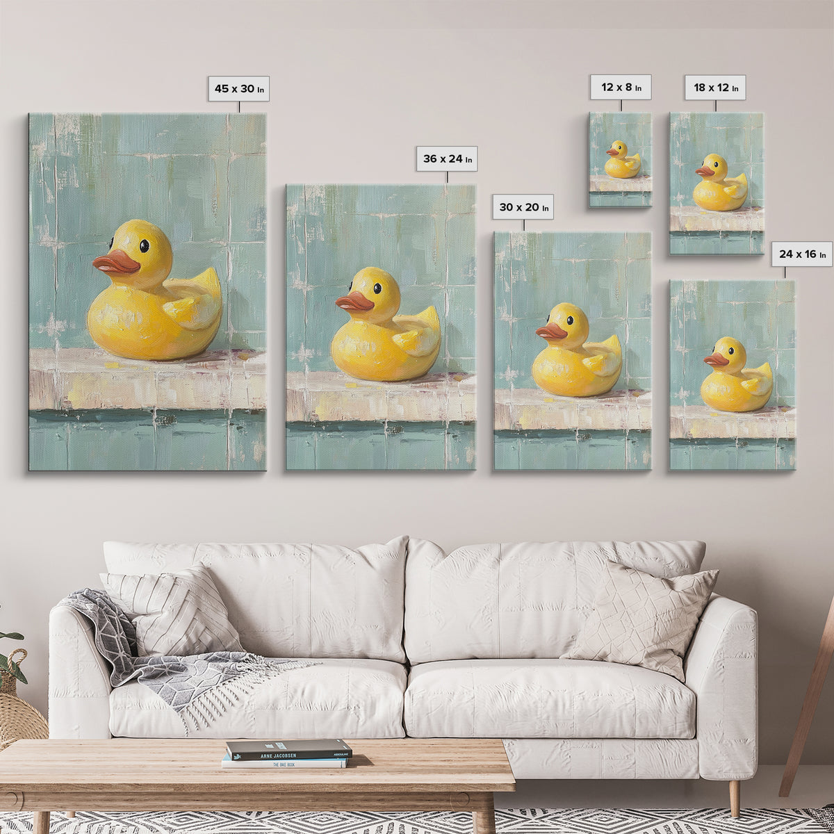 Bright Yellow Rubber Duck On Aqua Tile Painting, Canvas Print For Bathroom Wall Art, Funny Bathroom Decor, Kids Room Gift