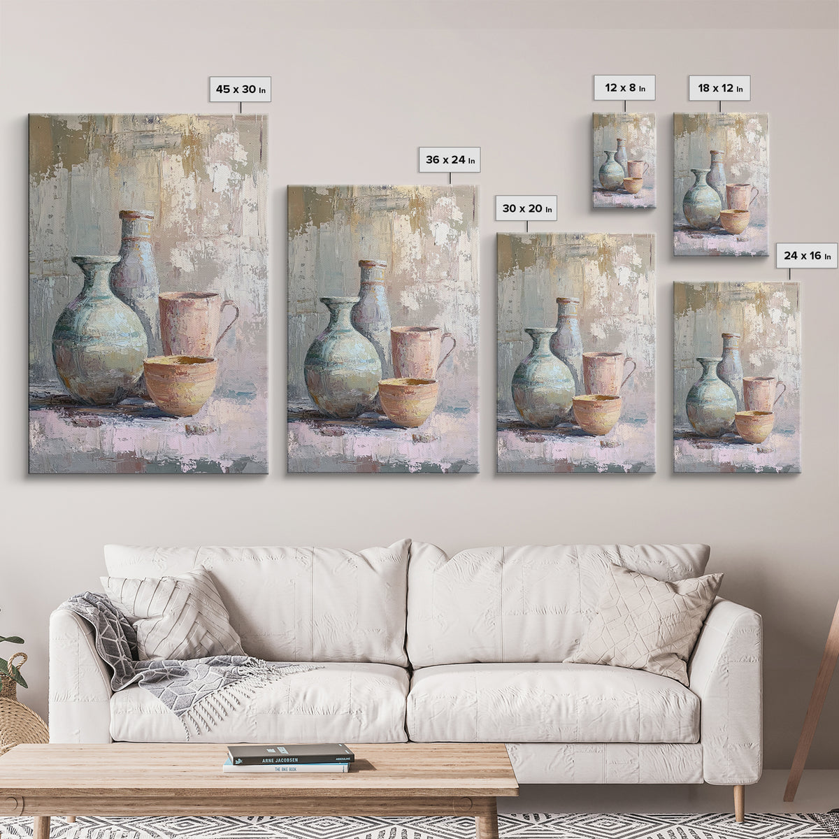 Textured Ceramic Vessels And Tea Cups Canvas Print, Neutral Kitchen Wall Art, Rustic Home Decor, Still Life Art Print Gift