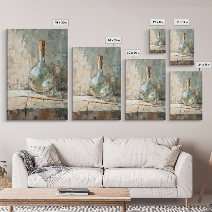 Aqua Glass Bottle And Cork Still Life Wall Art, Coastal Kitchen Decor, Neutral Canvas Wall Art, Contemporary Art Print Gift