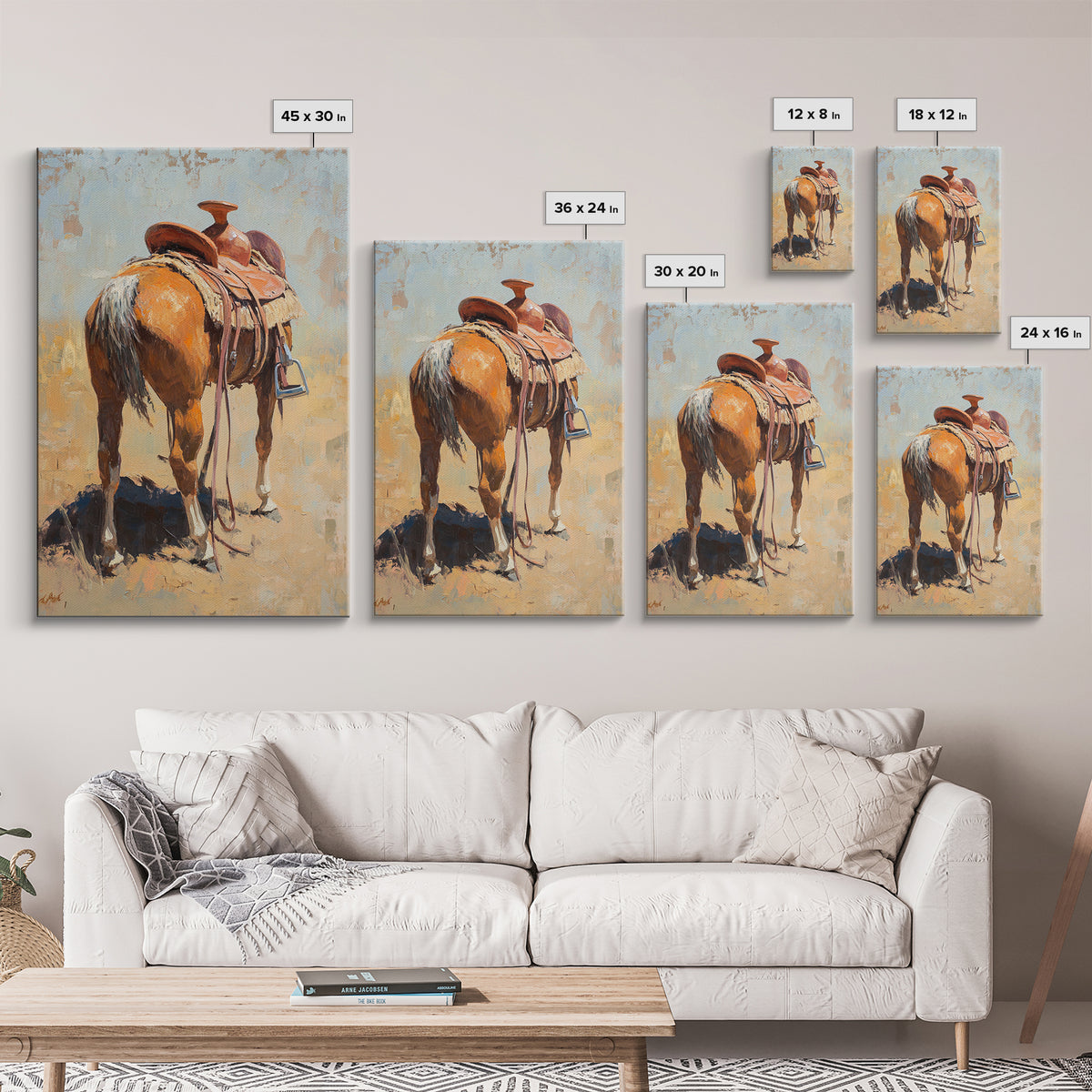 Saddled Chestnut Horse Western Canvas Print, Rustic Cowboy Wall Art, Equestrian Home Decor, Farmhouse Ranch Gift For Horse Lovers