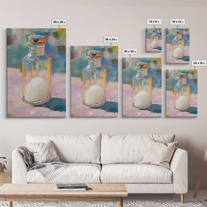Colorful Glass Salt Shaker Canvas Print, Modern Kitchen Wall Art, Bright Still Life Painting, Dopamine Home Decor Gift Idea
