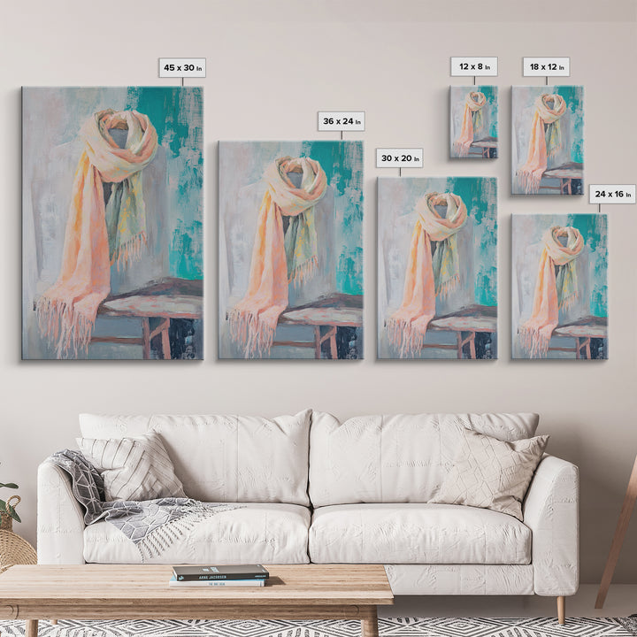 Soft Pastel Scarf On Dress Form Canvas Print, Feminine Wall Art, Fashion Studio Decor, Chic Neutral Bedroom Art Gift For Her