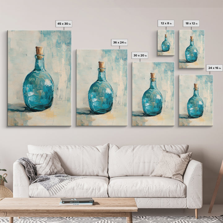Turquoise Glass Bottle With Cork Canvas Print, Coastal Wall Art, Minimal Still Life Painting, Blue Bathroom Home Decor Gift