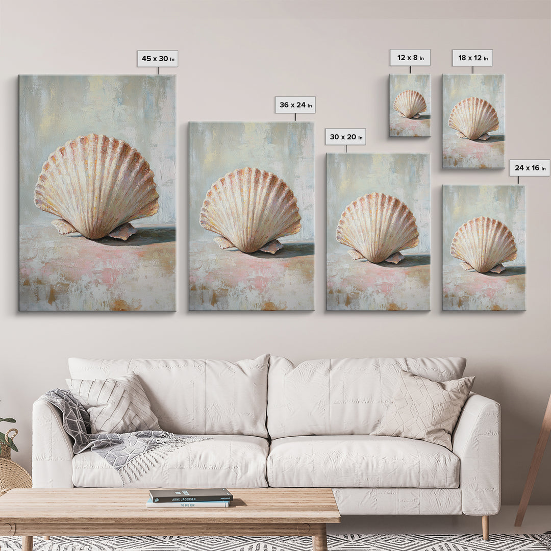 Textured Scallop Shell Still Life Wall Art, Coastal Beach House Decor, Seashell Painting, Neutral Bathroom Wall Decor, Spa Art
