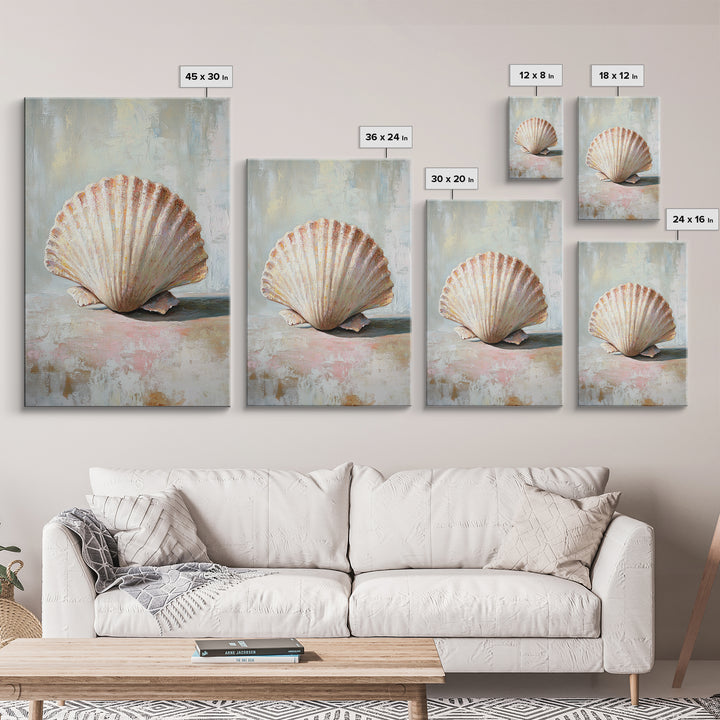 Textured Scallop Shell Still Life Wall Art, Coastal Beach House Decor, Seashell Painting, Neutral Bathroom Wall Decor, Spa Art