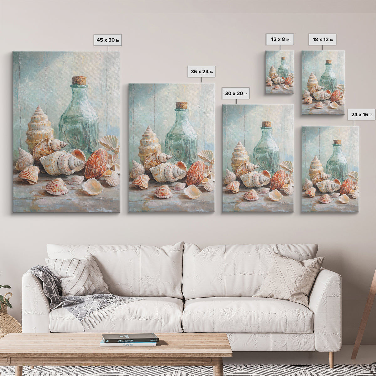 Sea Shells And Corked Glass Bottle Canvas Print, Coastal Wall Art, Beach House Decor, Nautical Bathroom Art, Ocean Print