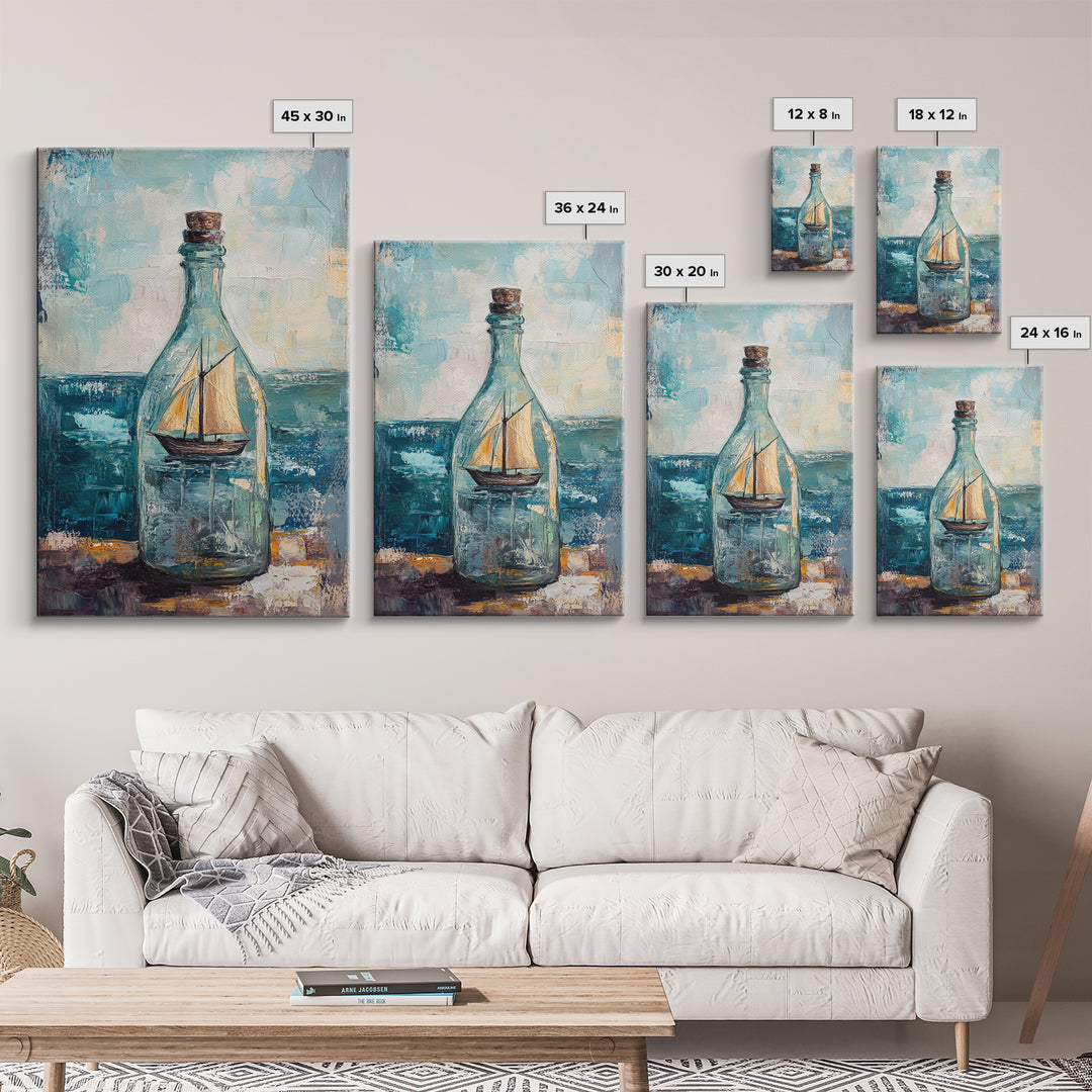 Ship In A Bottle Nautical Canvas Print, Coastal Wall Art, Sailboat Seascape, Ocean Decor, Beach House Statement Artwork Print