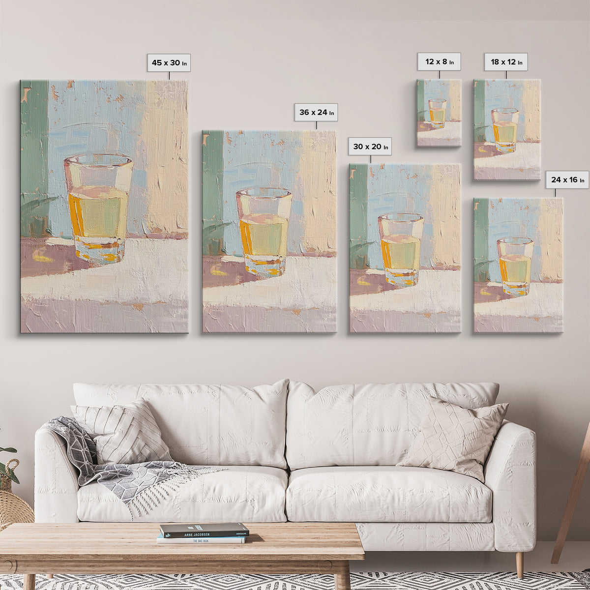 Minimal Glass Of Golden Tea Still Life Wall Art, Neutral Kitchen Decor, Modern Rustic Canvas Print, Soft Abstract Painting