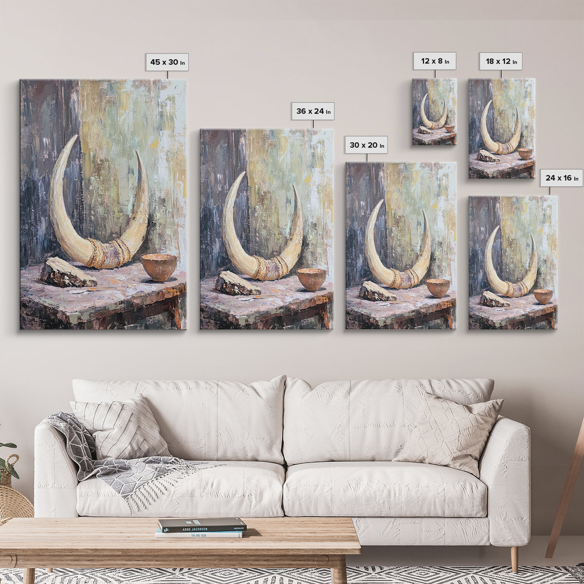 Curved Ivory Horn And Rustic Bowl Still Life Framed Canvas Print, African Inspired Wall Art, Tribal Decor, Moody Neutral Art